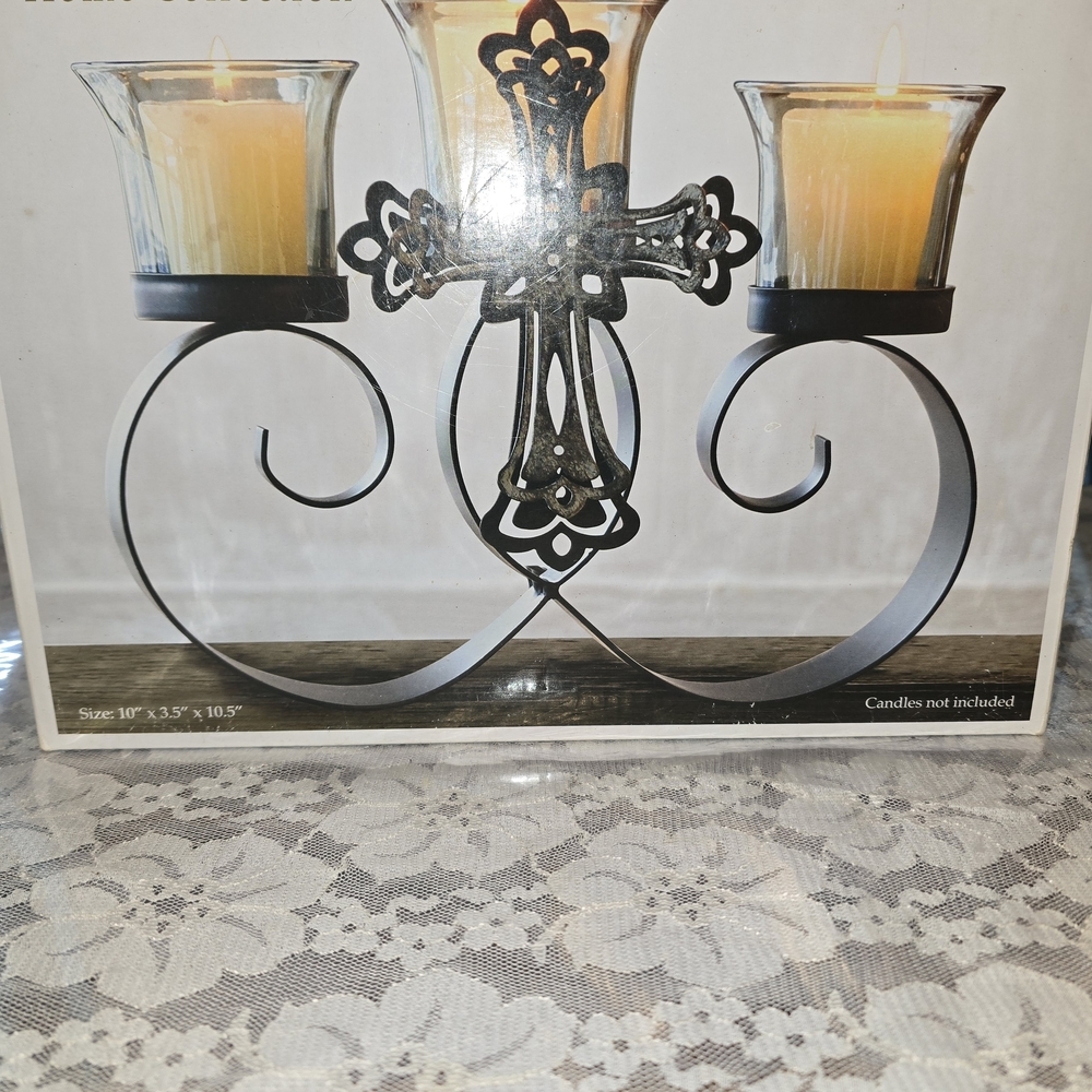 Elegant Black Metal Candle Holder with jewelwed Cross Design